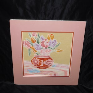 Pink Tulip Flower Vase on Table Cloth Completed Needlepoint Picture Textile Art Matted