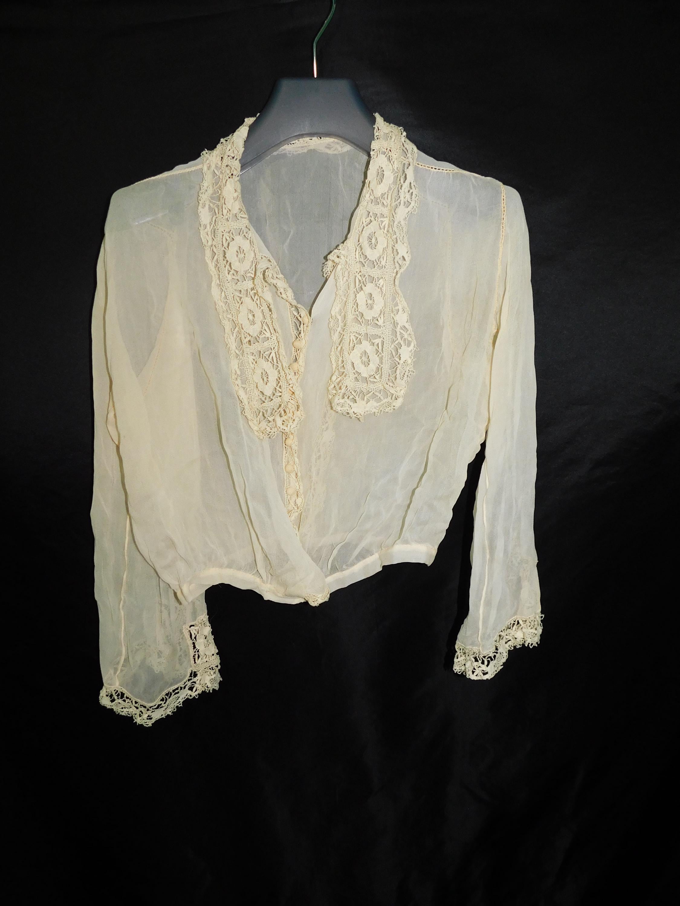 Antique Edwardian Sheer Silk Lace Trim Blouse Long Sleeve Button 