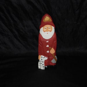 Fireman Santa With Dalmatian Dog Holding Axe Red Hat Carved Wood Decoration Figurine Firefighter Christmas
