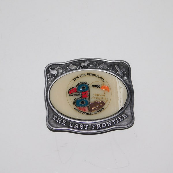 1990 Fur Rondy Rendezvous Anchorage Alaska Belt Buckle Totem Pole Bald Eagle Last Frontier Alaska Mint Pewter