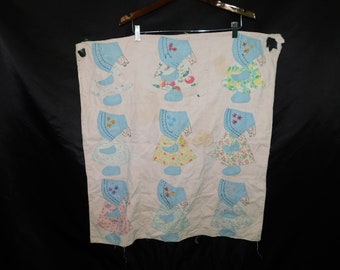 Vintage Sunbonnet Sue Cutter Baby Crib Quilt Pink Blue Yellow Floral 9 Blocks USED Ripped Torn Stained