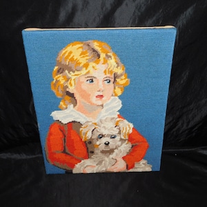 Vintage Girl Holding Dog Needlepoint Picture Completed Picture French Royal Paris Textile Art on Wood Frame Hand Stitched Textile Art