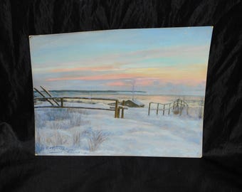 V Kapingen Anchorage Alaska Pintura de cabaña de troncos Turnagain Arm Invierno Vintage Nieve