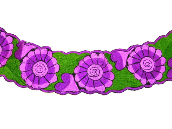Vtg M L Purple Green Floral Embroidered Belt Fabr… - image 1