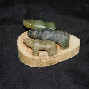 Alaska Carving 3 Green Soapstone Grizzly Bears on Antler Base Carved Figurine Alaskan Made