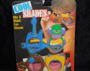 Vintage 80s Mattel Cool Shades Kids Sun Glasses NEW NIP Shaped Guitar Race Car Baseball Camera Plastic Mix and Match Shades