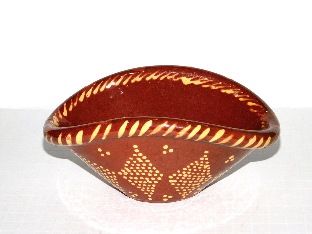 Vintage Redware Pottery Slip Glaze Bowl Smooshed Oval Vase Folk Art