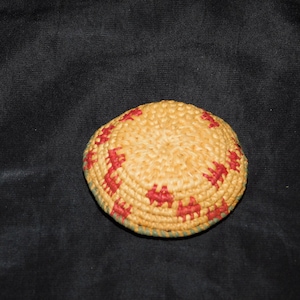 Vintage Alaska Native Eskimo Woven Basket Pincushion Pin Cushion Coiled Grass Brown Red Green 2.5&quot; Dia