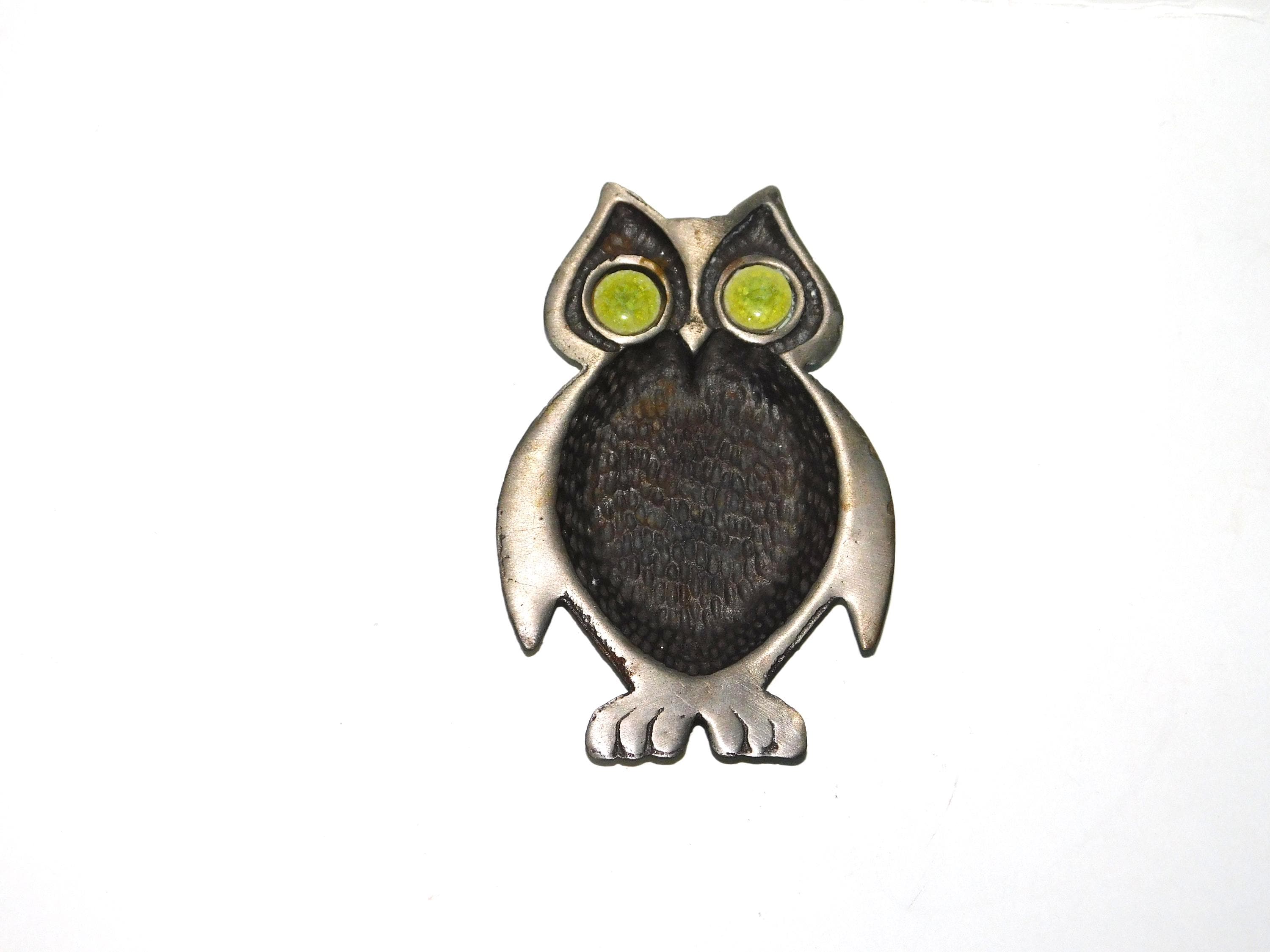 Vintage 70s Owl Trinket Dish or Ashtray Cast Metal Green Ceramic Eyes 6" MCM Mid Century