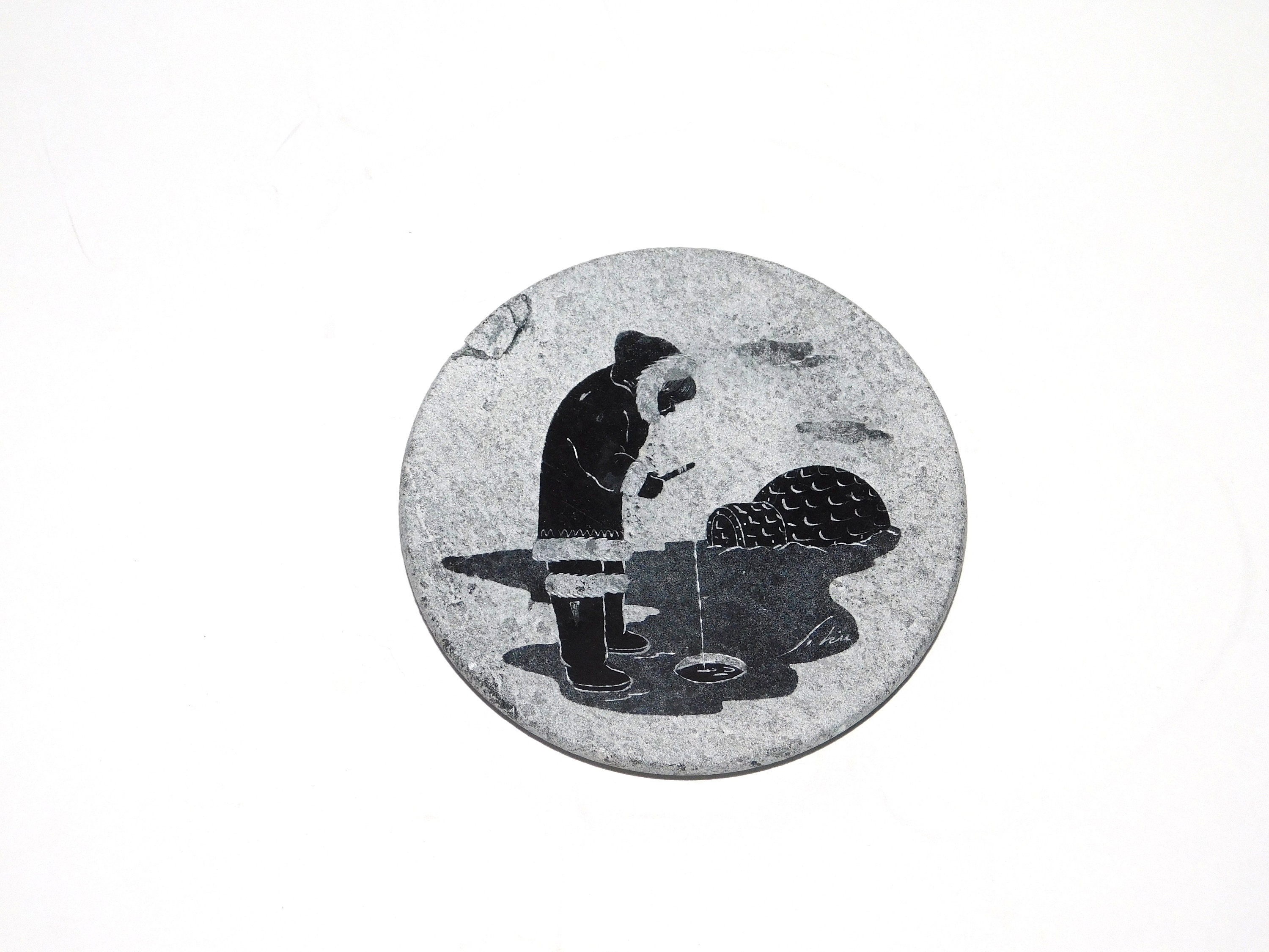Inuit Ice Fishing Canada Carved Soapstone Picture Disc 4.5" dia Canadian Igloo Signed Gray Black