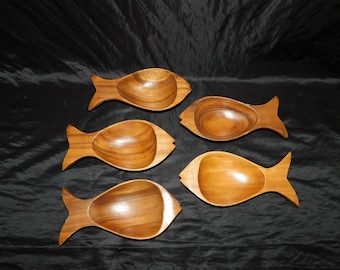 Vintage Lot 5 Fish Bowls Monkey Pod Wood Dish Philippines Made Brown Natural Tropical Coastal Cottage Decor
