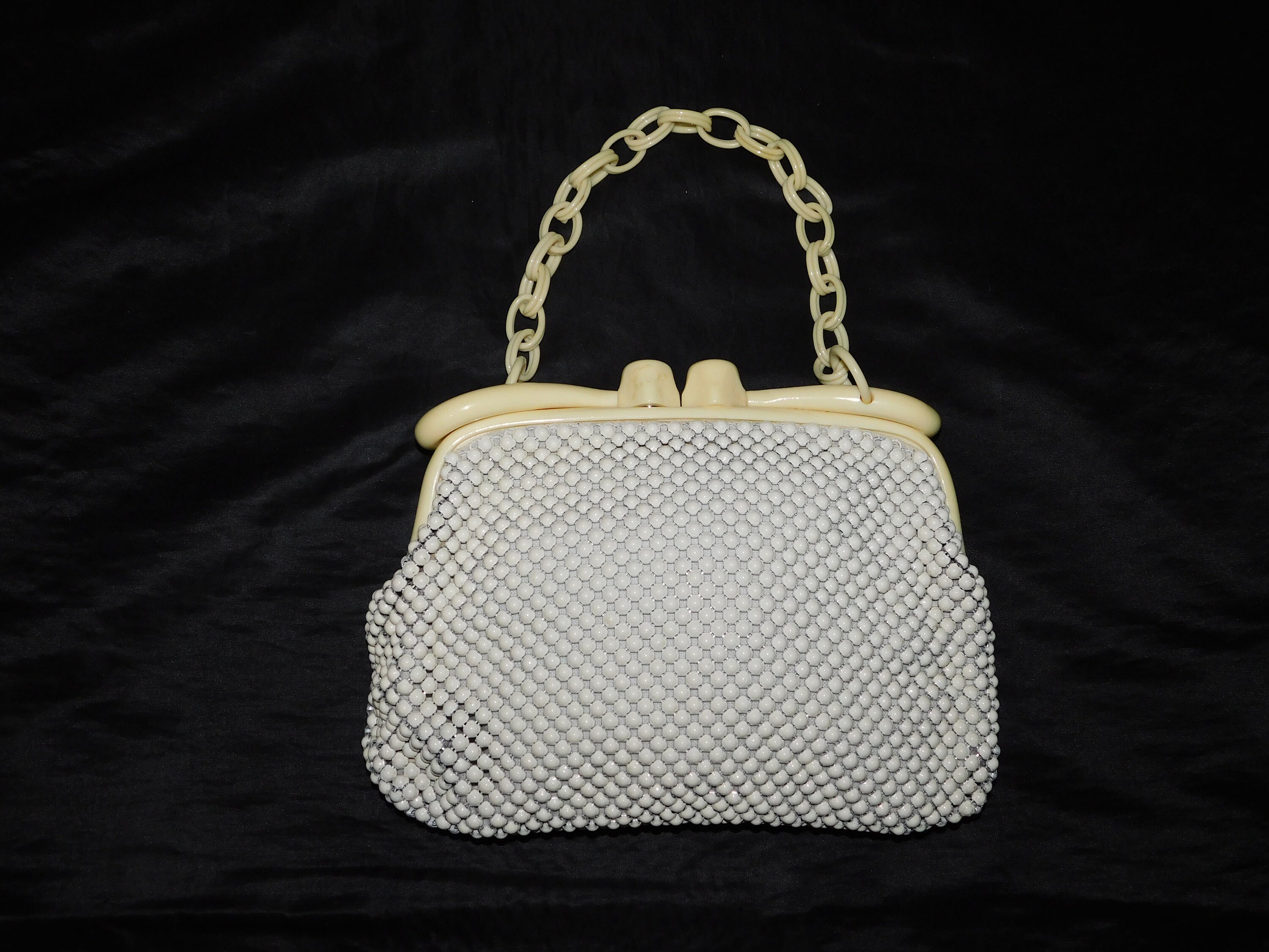 1940s Whiting & Davis White Metal Mesh Purse Chunky Celluloid