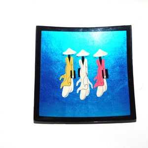 Vtg Enamel Wood Trinket Dish 3 Elegant Black Ladies Walking Carrying Cases Yellow Pink White Blue