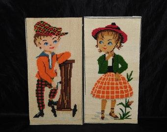 Vtg 50s Needlepoint Pictures Boy Girl Organ Grinder Red Plaid Pants Hat Set Handmade Vintage 1950s