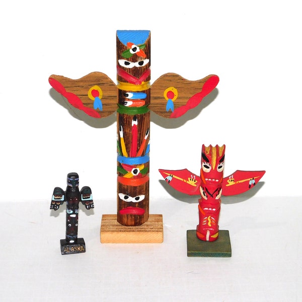 Lot 3 Vintage Souvenir Totem Poles Red Carved Painted Wood Thunderbird 1960s Kids Kitch