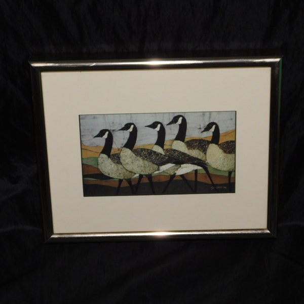 J B Munger Alaska Canada Goose Art Print 1982 Walking Flock Geese Brown Green Striped Mountains Framed 8 x 10"