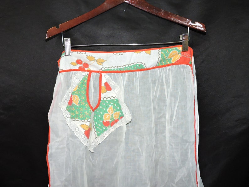 Vintage White Red Cherry Apron Cherries Tie Waist Kitchen Hostess 50s 60s Chiffon Cotton