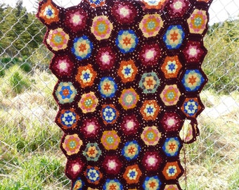 Vtg Unfinished Granny Square Afghan Burgundy Blue Yellow Orange 41 x 68" With Extra Yarn Acrylic