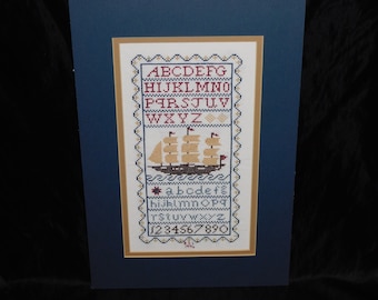 Clipper Ship Alphabet Sampler Completed Cross Stitch Picture 1994 Wall Hanging Letters Numbers Sailboat