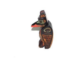 Alaska Raven Totem Pole Trinket Box Ray Moore Black Diamond Carved Back Opens Head Turns Cedar Wood Ketchikan 5" High