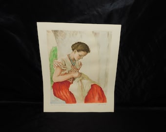 Young German Woman Embroidering Sewing Sitting Outside Vintage Art Print Red Embroidered Clothing Signed by Artist