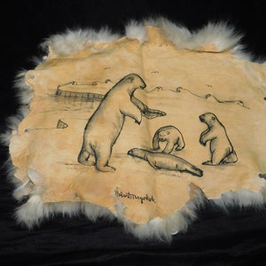 Robert Mayokok Alaska Native Art Original Drawing on Rabbit Hide Polar Bears Seal Inuit Eskimo Snowshoe Hare Fur