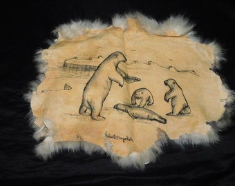 Robert Mayokok Alaska Native Art Original Drawing on Rabbit Hide Polar Bears Seal Inuit Eskimo Snowshoe Hare Fur