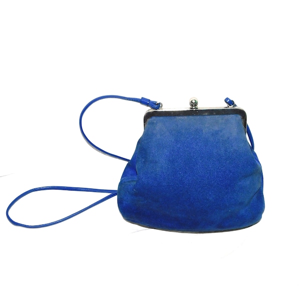 Vtg 70s Blue Suede Purse Shoulder Bag Silver Metal Clasp Top Leather Strap Mod Hippie Boho