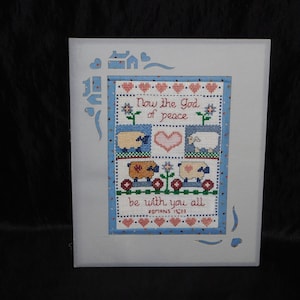 Now the God of Peace Be With You All Romans Cross Stitch Picture Country Sheep Blue White Pink Hearts Completed Textile Art