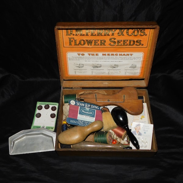 Antique DM Ferry CO Flower Seeds Store Advertising Wooden Box With Sewing Supplies Thread Sock Darners Buttons Hooks Trims