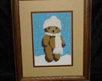 Winter Teddy Bear Snow Framed Needlepoint Picture Completed Scarf Hat Nursery Kids Room Wall Hanging