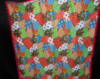 Vintage 70s Crazy Daisy Hippie Tablecloth Pompom edges Blue Green Red Floral Flowers 42" Square