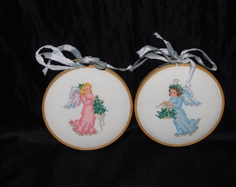 Pink Blue Christmas Angel Completed Cross Stitch Pictures Framed in Wood Hoops Holiday Decorations Decor