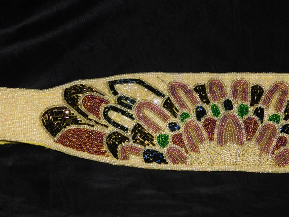 Vintage M Yellow Purple Green Gold Feather Beaded Dress Belt  display picture 3
