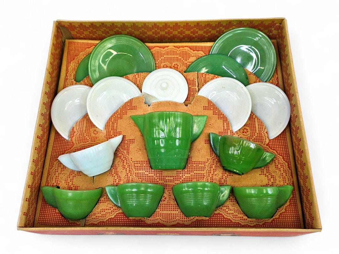 Antique Akro Agate Childs Dish Set 15 Piece Jadeite Green White ...