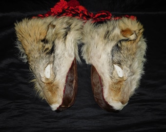 Vintage Alaska Coyote Head Fur Mittens Native Eskimo Made Fleece Lined Brown Suede Leather Palms Traditional Inuit Style