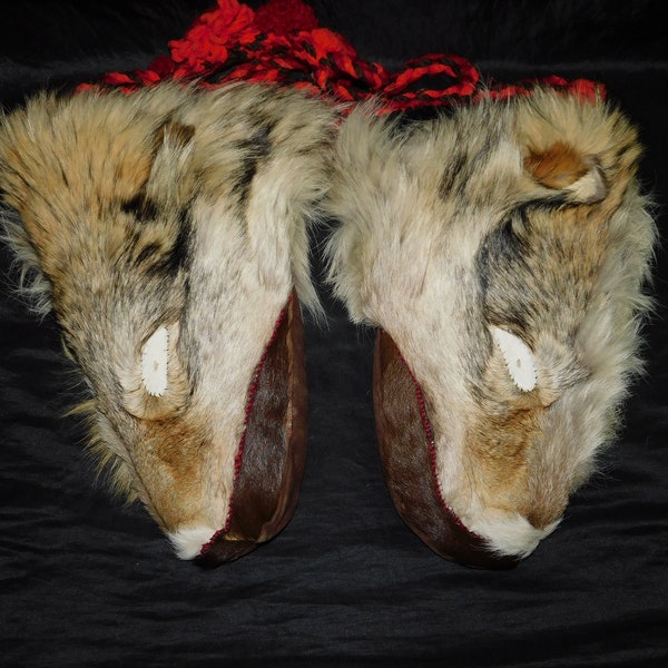 Vintage Alaska Coyote Head Fur Mittens Native Eskimo Made Fleece Lined Brown Suede Leather Palms Traditional Inuit Style