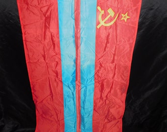 Vintage USSR Soviet Turkmenistan Turkmen Flag Red Blue Yellow 30 x 62" Nylon