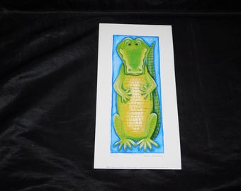 Snapper Alligator Kate Mawdsley Art Print Signed Cartoon Laying on Back Blue Green