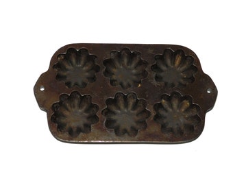 Vintage Turks Head Gem Tartlet Cast Iron Muffin Pan 6 Holes USA Made 9.5 x 5.5" with holes for hanging