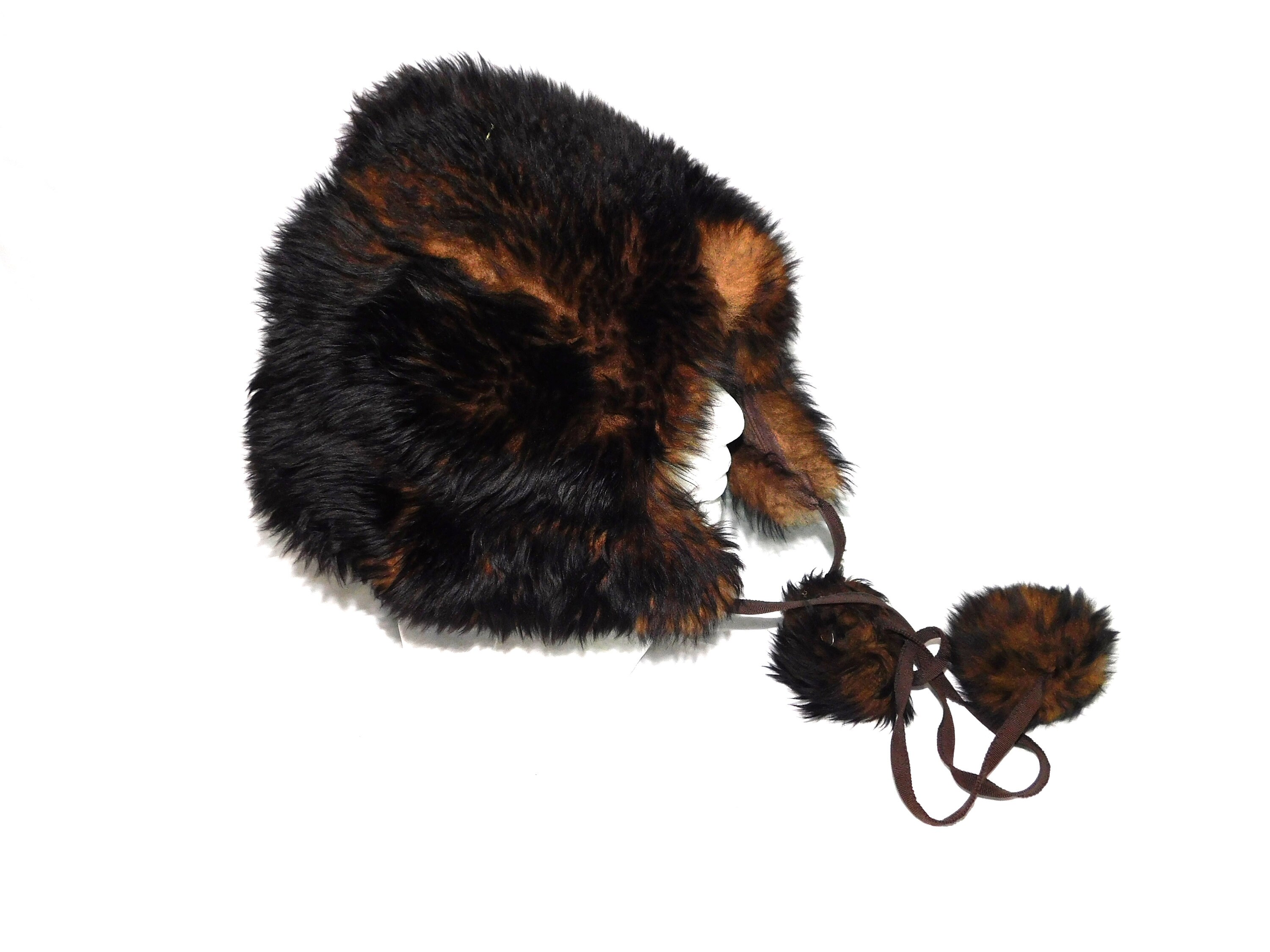 Vintage Dark Brown Tuscan Lamb Fur Shearling Hat Pompom Tie