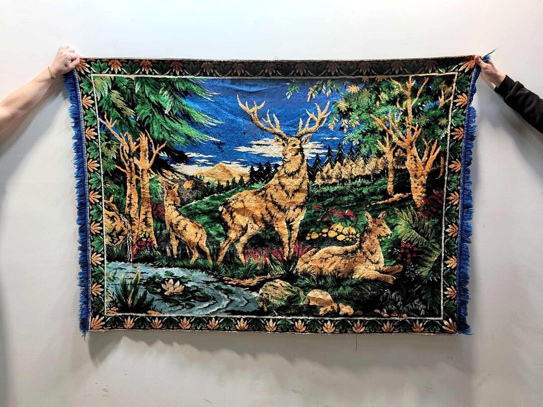 Vtg 70s Deer Stag Tapestry Rug Wall Hanging Blue Green Brown Velvet