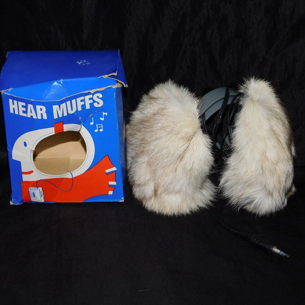 Vintage 80s White Fox Fur Hear Ear Muffs With Earphone Jack For Portable Cassette Radio Players Thriller Fur NIB Unused In Original Box