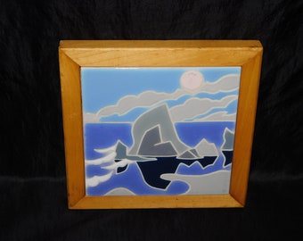 Vtg 1996 Cannon Beach OR Oregon Blue Gray Haystack Rock Tile Trivet Wood Framed Wall Hanging