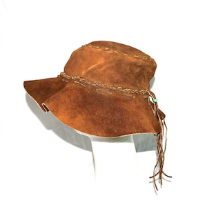 Vintage 60s Dark Brown Suede Leather Hippie Hat Size M L Woman