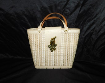 Vintage 60s Collins Texas MCM Cream White Gold Bucket Bag Purse Woven Wood Bottom Sheep Head Metal Latch Top Handle Hand Bag 1960s