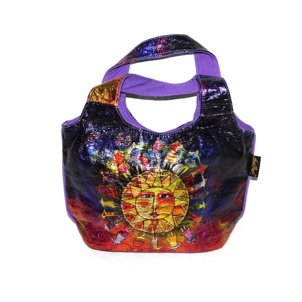 Laurel Burch Harmony Under Sun Foiled Small Scoop Tote Bag Top Handle Purse Vintage 80s Purple Red Gold