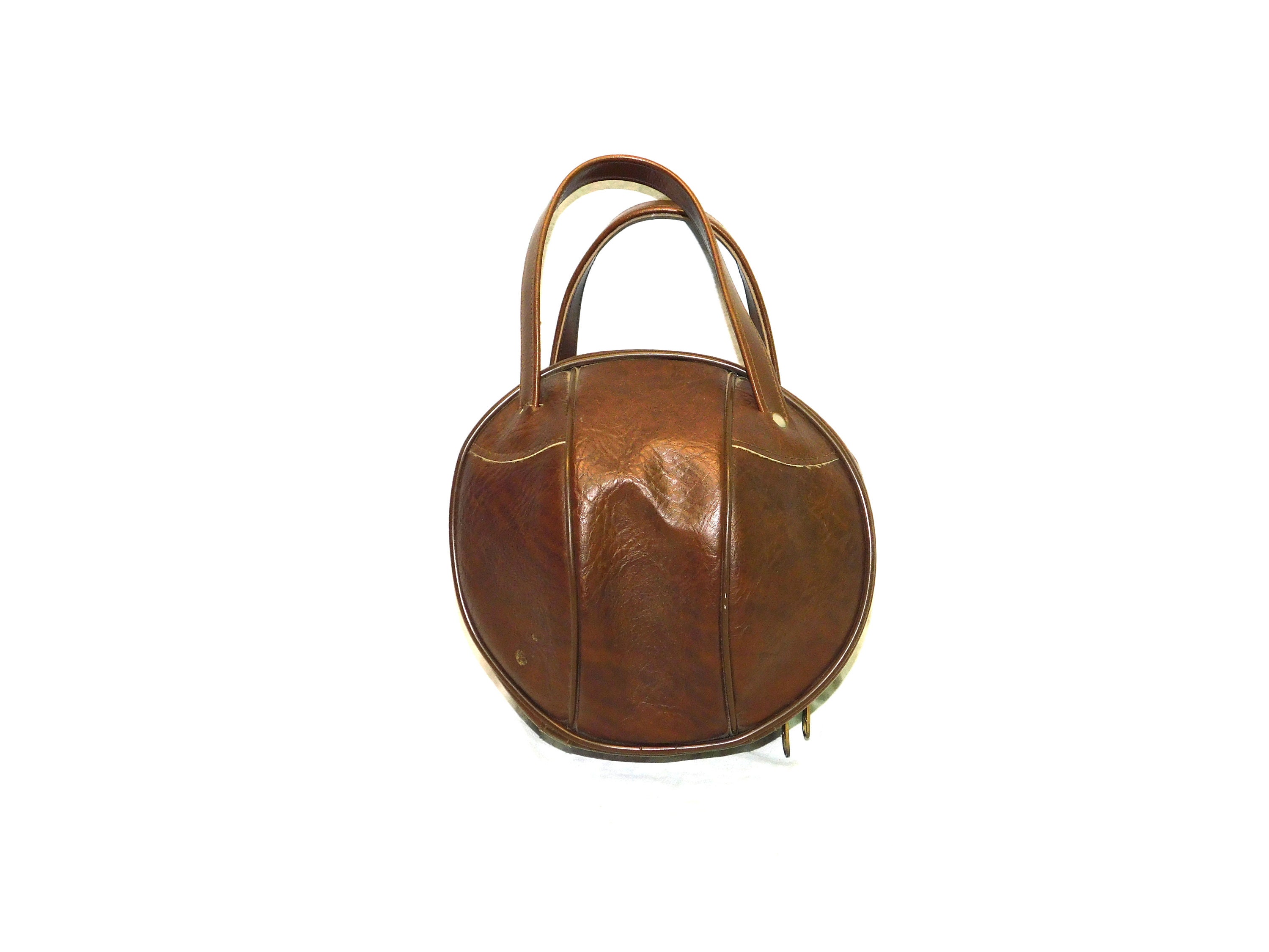 Vintage IDEAL Bowling Ball Bag, Brown Tan Orange with Metal Rack.