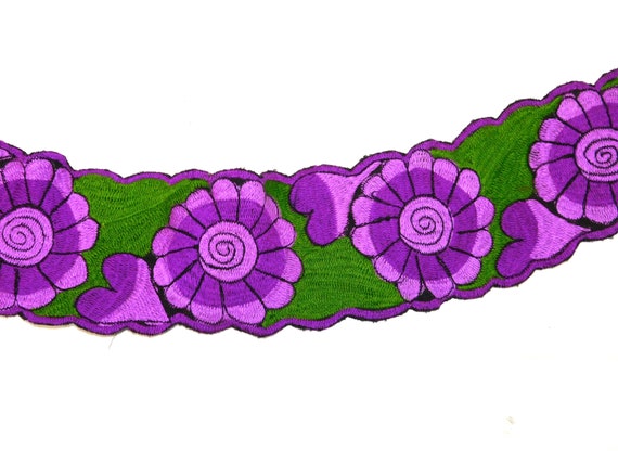 Vtg M L Purple Green Floral Embroidered Belt Fabr… - image 2