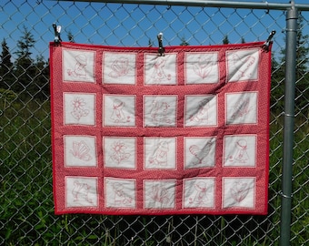 Red White Sunbonnet Sue Sam Hand Embroidered Wall Quilt Butterfly Tulip Flower Rooster Squirrel Country Farm 35 x 45"